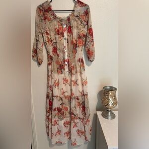 Fig and Flower Red and Cream Floral Long Sleeve Dress